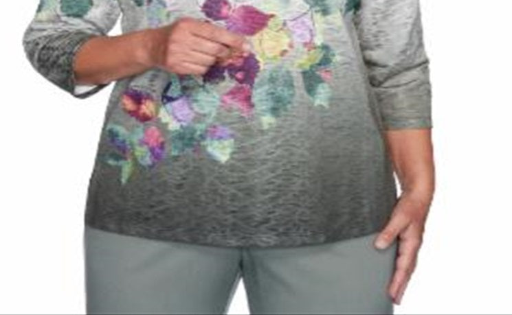 Camiseta feminina Alfred Dunner Loire Valley Falling Leaves, cinza, tamanho pequeno médio