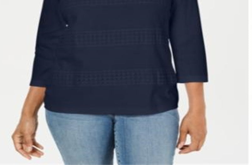 Karen Scott Blusa Feminina Listrada com Decote Quadrado e Renda Azul Tamanho Grande