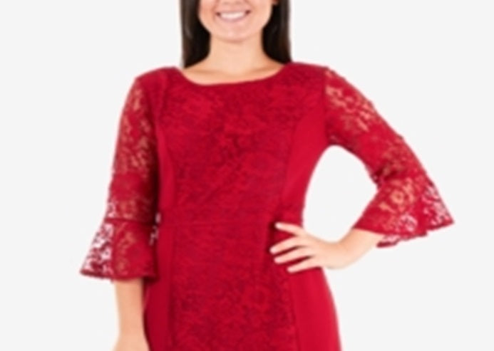 Vestido feminino NY Collection com babados e renda, tamanho pequeno, vermelho