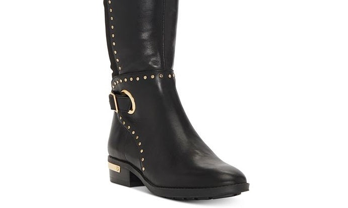 Botas femininas Material Girl Bravy de camurça sintética, cano alto acima do joelho, pretas, tamanho 6 M