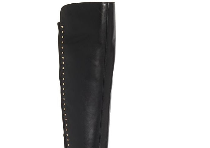 Botas femininas Material Girl Bravy de camurça sintética, cano alto acima do joelho, pretas, tamanho 6 M