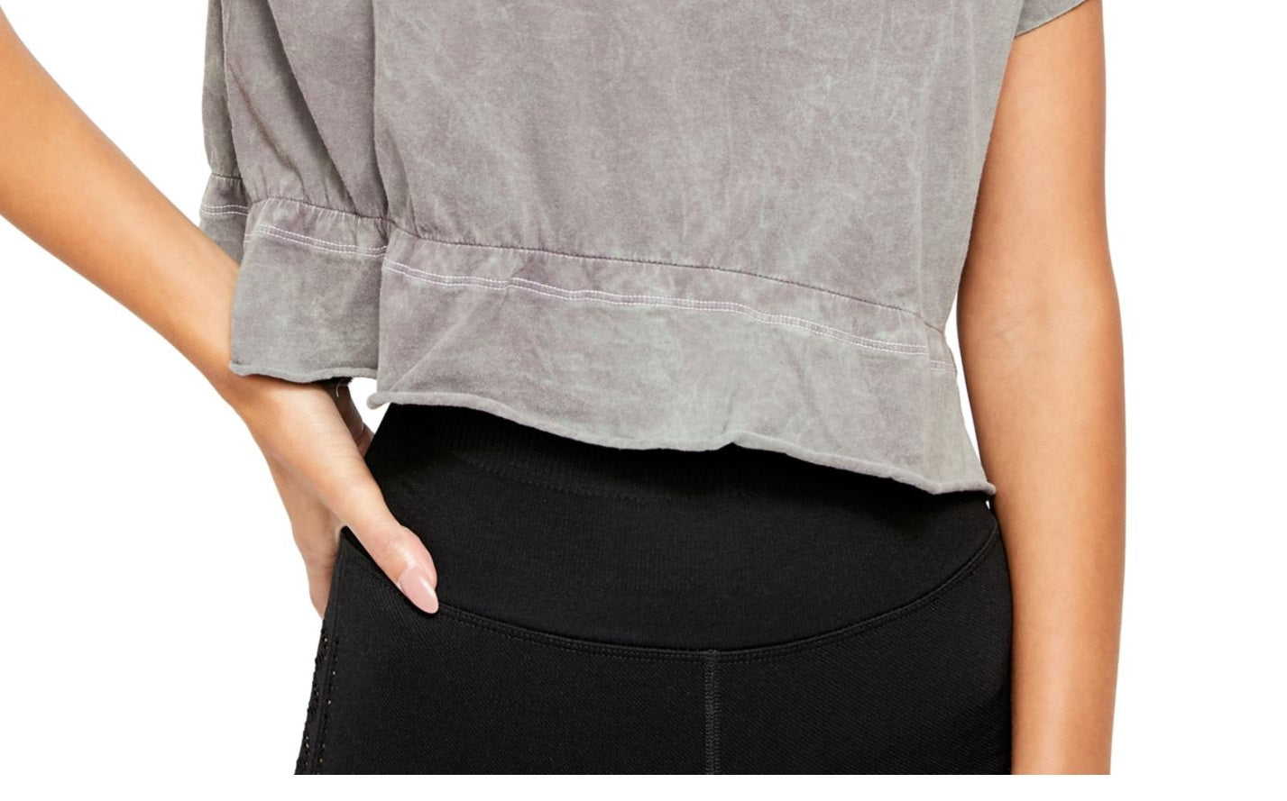 Top curto com manga curta e gola redonda e babados Free People feminino, cinza, tamanho grande