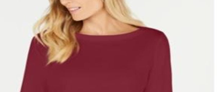 Karen Scott Blusa de malha feminina de algodão com decote canoa e manga 3/4, vermelha, tamanho pequeno