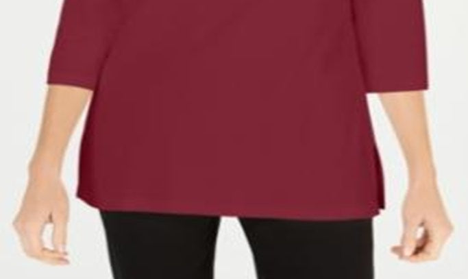 Karen Scott Blusa de malha feminina de algodão com decote canoa e manga 3/4, vermelha, tamanho pequeno