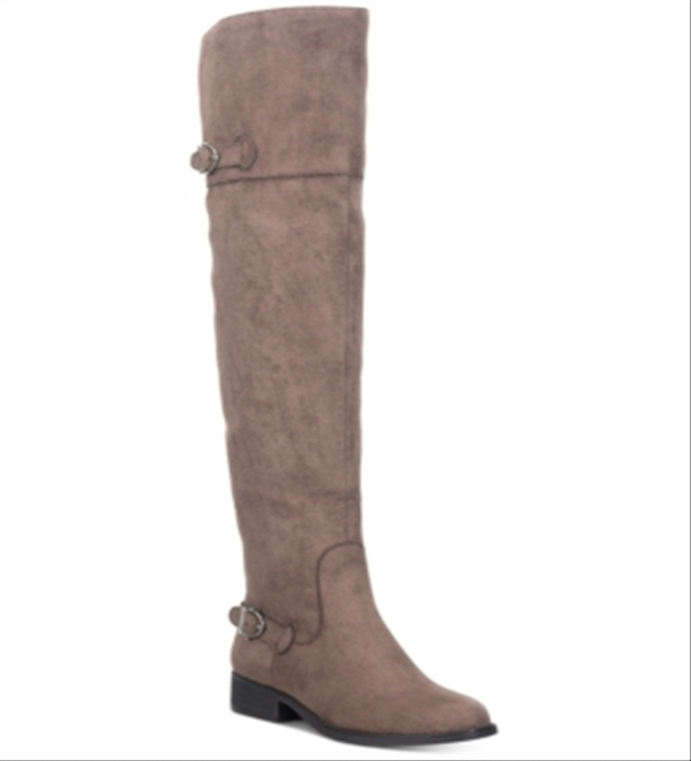 Botas femininas American Rag com fivela e zíper, bico redondo, salto bloco, marrom, tamanho 7,5 M