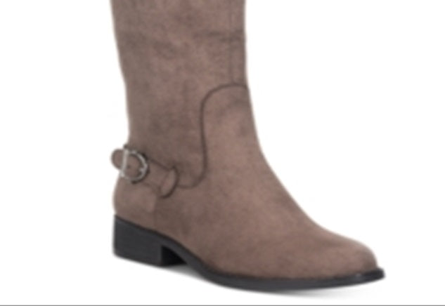Botas femininas American Rag com fivela e zíper, bico redondo, salto bloco, marrom, tamanho 7,5 M