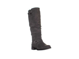 Botas femininas XOXO de couro Minkler, bico redondo, cano médio, cinza, tamanho 5W