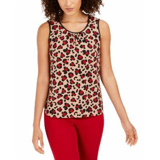 Blusa feminina Anne Klein com estampa de leopardo e decote em V, manga curta, marrom, tamanho médio