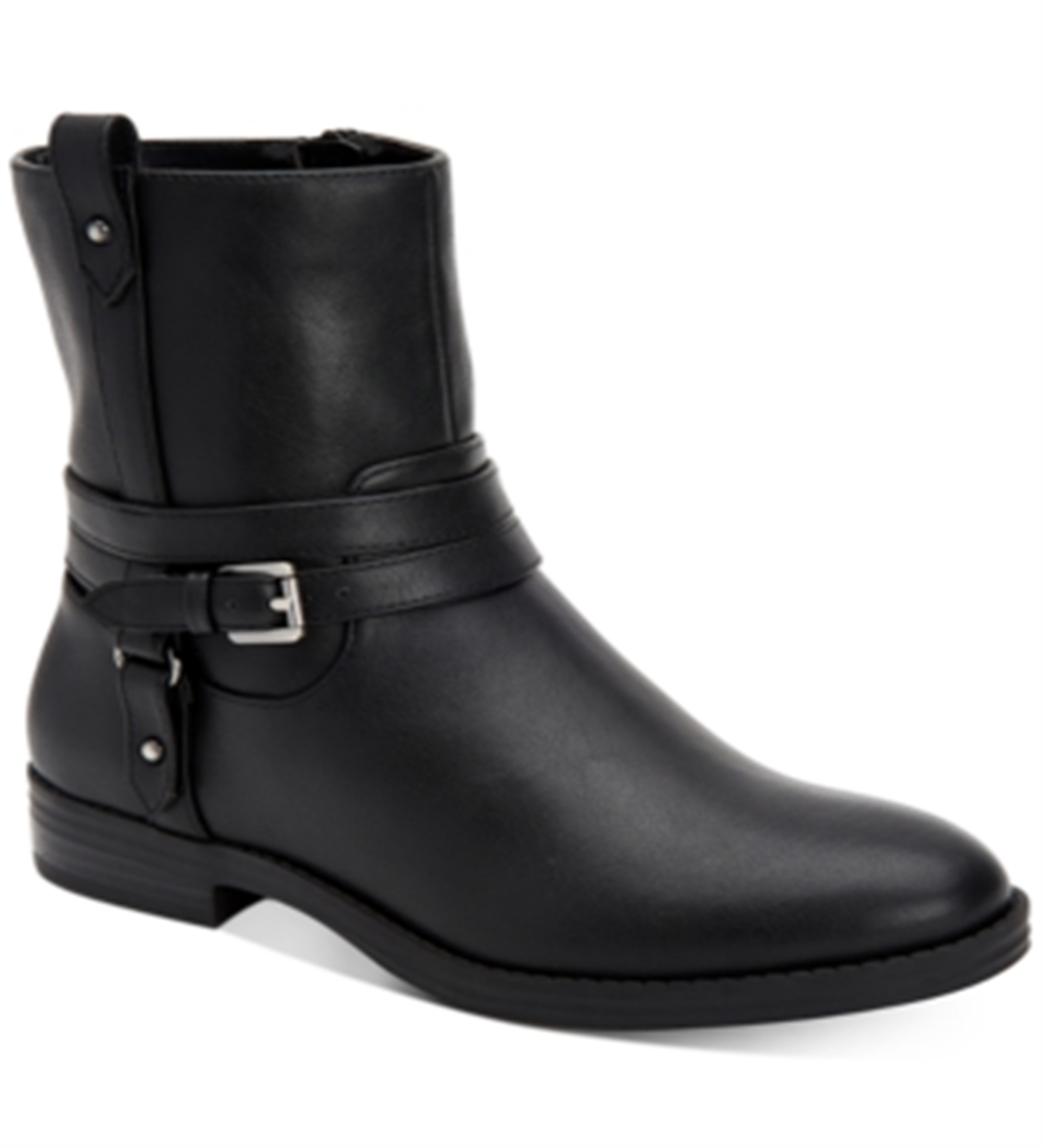 Botas femininas estilo &amp; co com fivela e acolchoado, bico redondo, salto bloco, zíper, pretas, tamanho 7 M