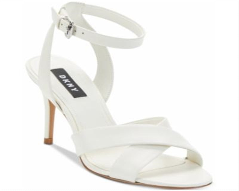 DKNY Sapatos femininos de couro com tira no tornozelo e bico aberto, clássicos, brancos, tamanho 7,5