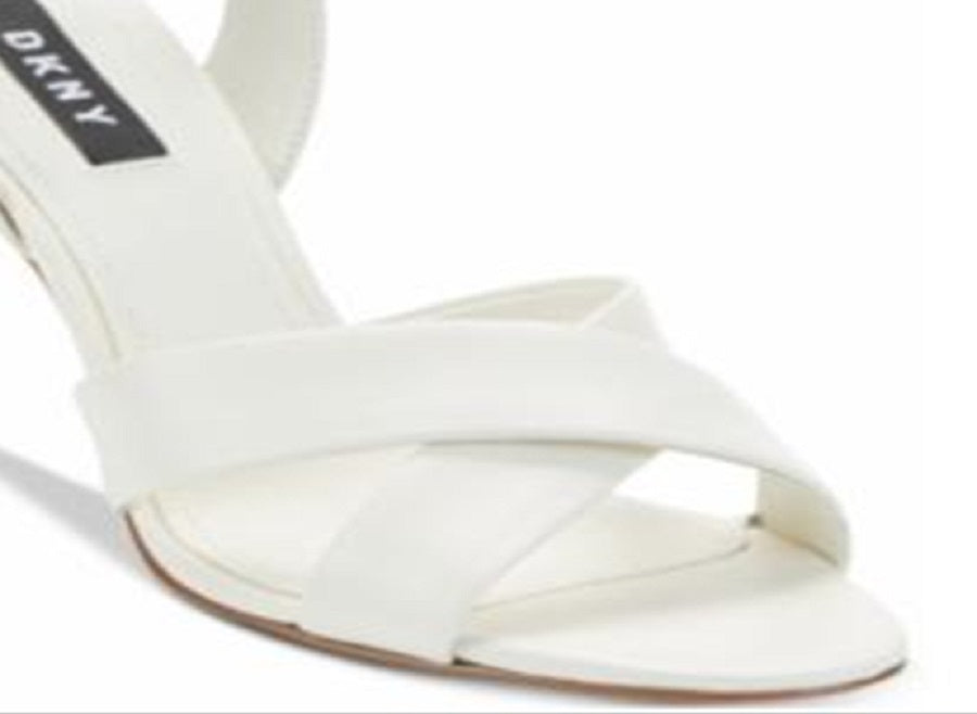 DKNY Sapatos femininos de couro com tira no tornozelo e bico aberto, clássicos, brancos, tamanho 7,5
