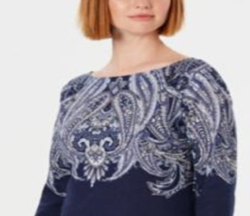 Blusa feminina Karen Scott com decote canoa e estampa paisley, azul, tamanho pequeno