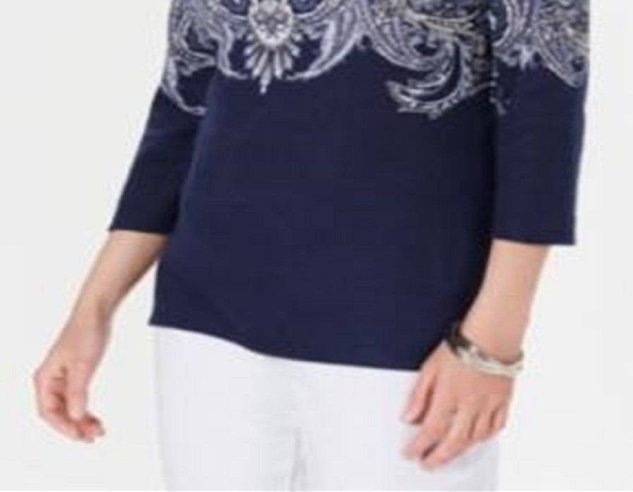 Blusa feminina Karen Scott com decote canoa e estampa paisley, azul, tamanho pequeno