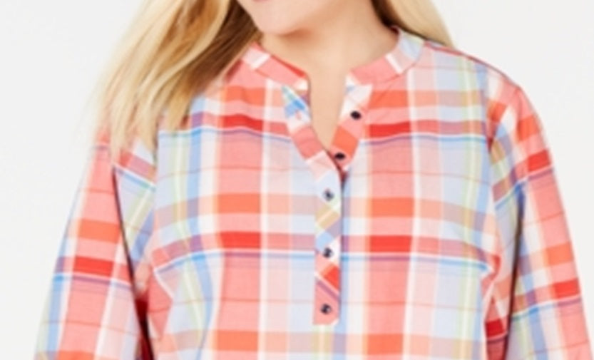 Blusas femininas Tommy Hilfiger xadrez com botões frontais e botões, tamanho XXXL, laranja