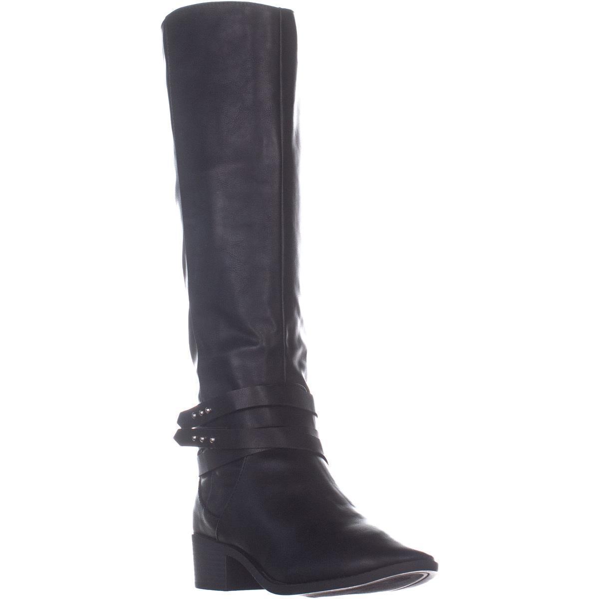 Botas femininas Damien de couro sintético com tachas até o joelho, tamanho 6,5 M, pretas