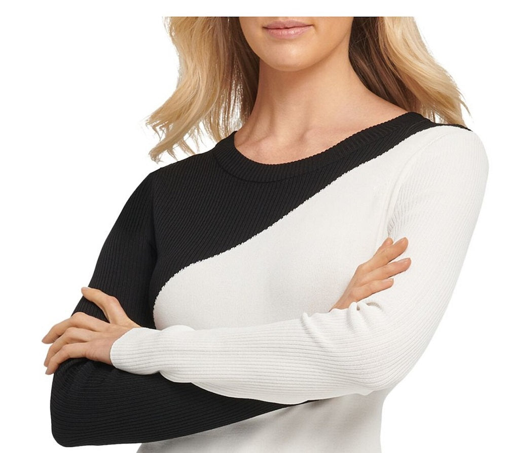 Suéter assimétrico DKNY feminino com blocos de cores, branco, tamanho médio