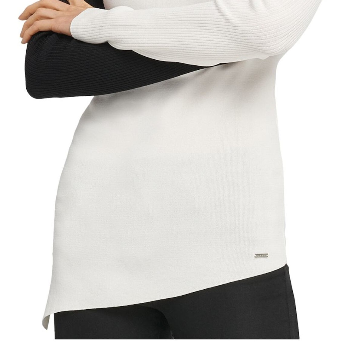 Suéter assimétrico DKNY feminino com blocos de cores, branco, tamanho médio