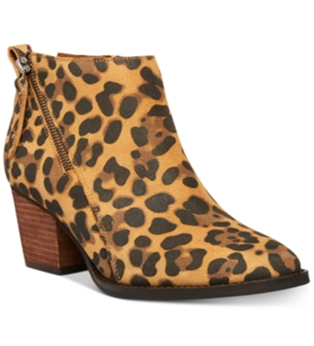 Aqua College Botas de couro femininas com estampa animal, bico amendoado, salto bloco e zíper, leopardo, tamanho 8,5 M