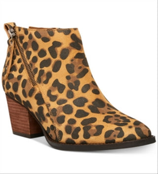 Aqua College Botas de couro femininas com estampa animal, bico amendoado, salto bloco e zíper, leopardo, tamanho 8,5 M