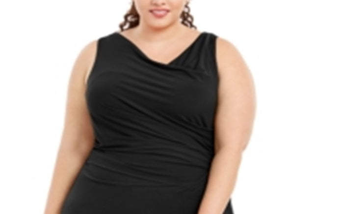 Vestido longo feminino Calvin Klein com decote drapeado e manga comprida, preto, tamanho 14W