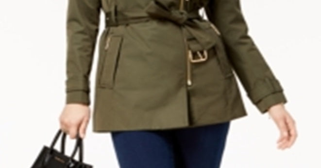 Michael Kors Jaqueta de chuva feminina com cinto, zíper e bolsos, verde, tamanho pequeno