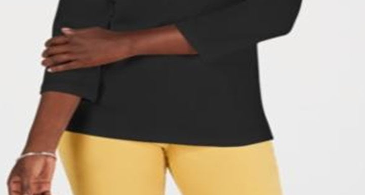 Karen Scott Blusa feminina de algodão com decote em V e ilhós, preta, tamanho pequeno GG