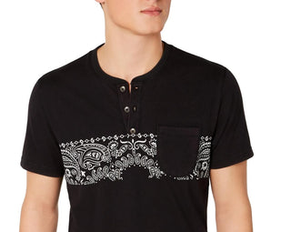 Camisa Henley de manga curta com estampa American Rag masculina, preta, tamanho pequeno