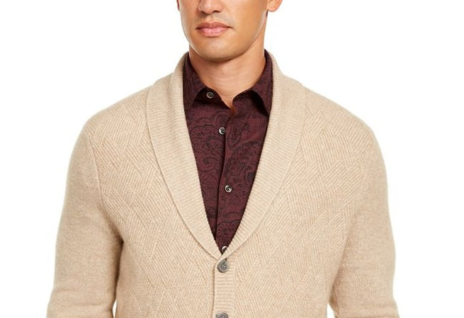 Cardigan de malha trançada de caxemira masculino Tasso Elba, marrom, tamanho médio