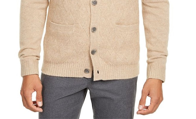 Cardigan de malha trançada de caxemira masculino Tasso Elba, marrom, tamanho médio