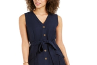 Vestido feminino Charter Club com botões frontais em mistura de linho, azul, tamanho 12