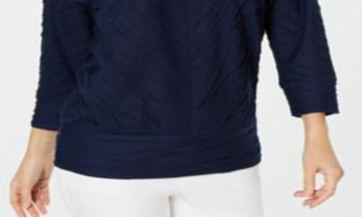 JM Collection Top Dolman Feminino Textura Ondulada Azul Tamanho Pequeno