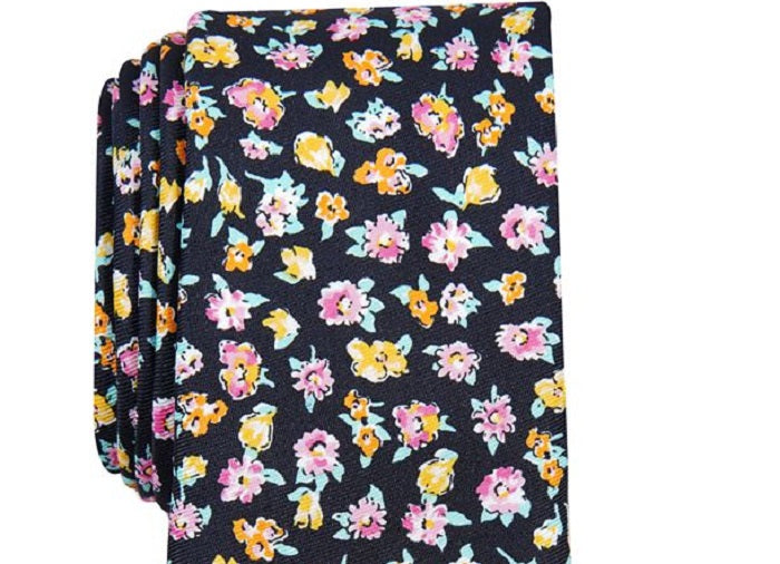 Gravata social masculina Bar III Newbury Floral com estampa floral, preta, tamanho regular