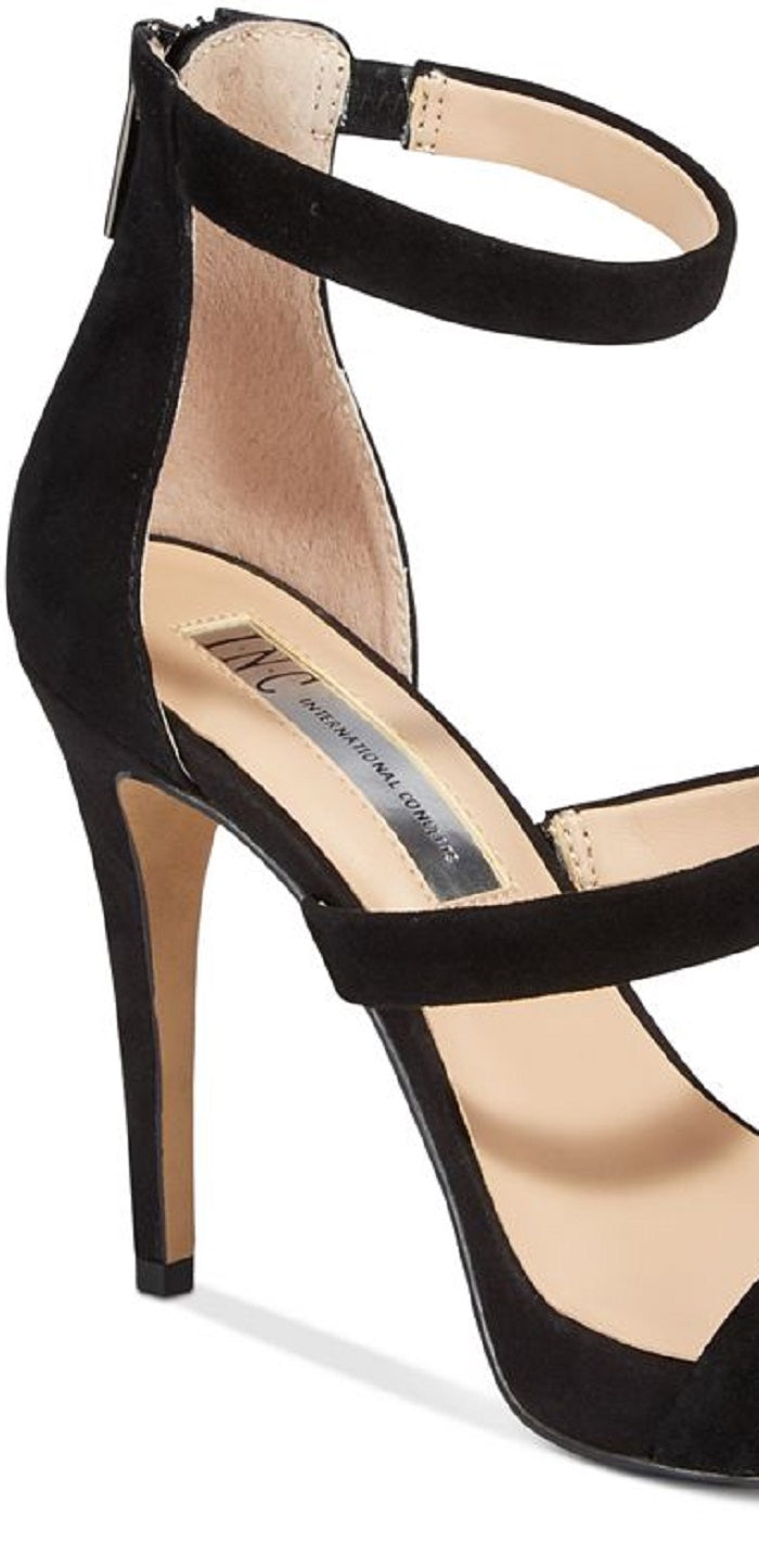 INC International Concepts Sapatos Sadiee de couro femininos, bico aberto, camurça, preto, tamanho 8,5 M