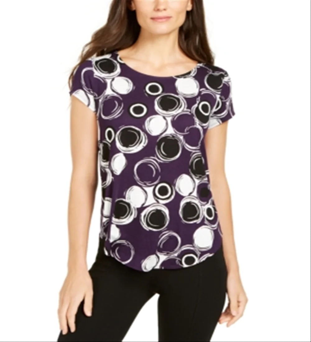 Camiseta feminina Alfani estampada com bainha redonda, roxa, tamanho pequeno G