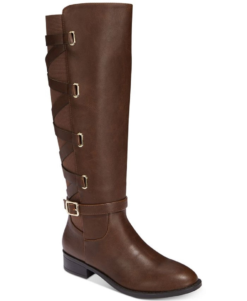 Botas femininas Thalia Sodi de couro com bico amendoado e cano alto, cor conhaque, tamanho 6,5