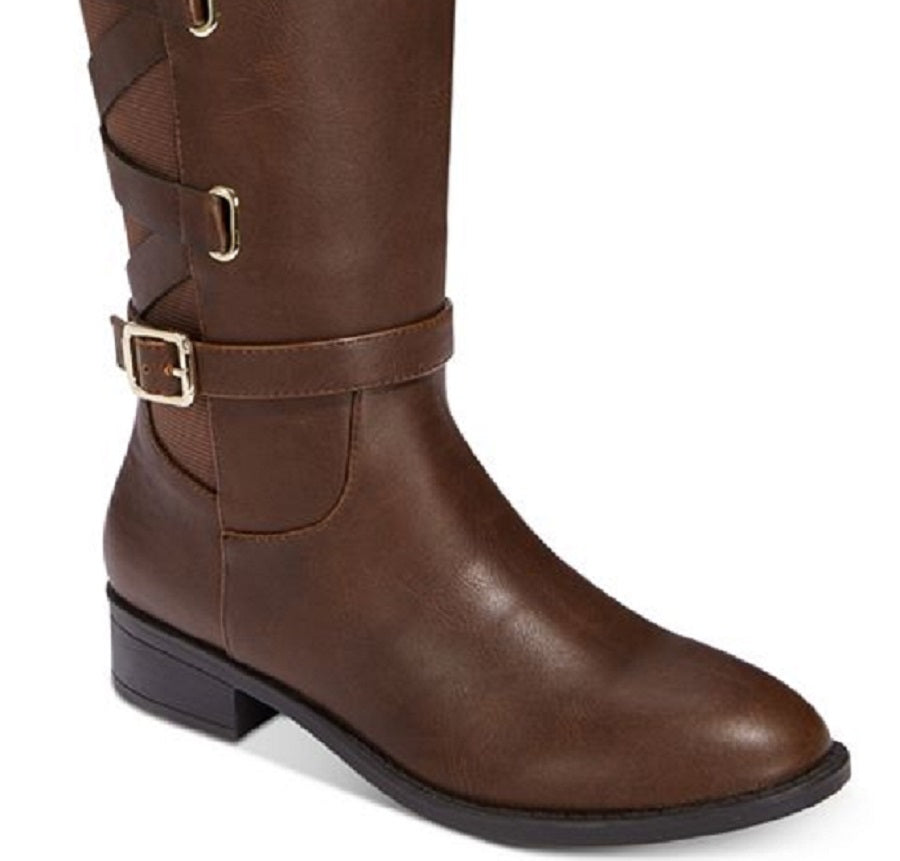Botas femininas Thalia Sodi de couro com bico amendoado e cano alto, cor conhaque, tamanho 6,5
