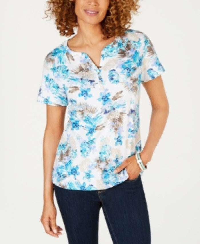 Blusa feminina Karen Scott Bristol com estampa de gola dividida, azul, tamanho médio