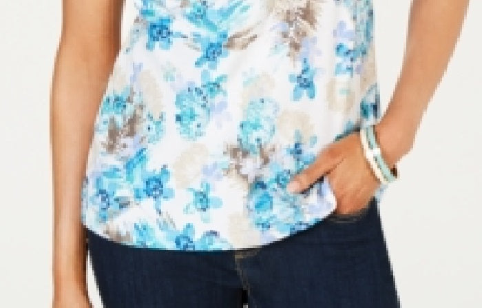 Blusa feminina Karen Scott Bristol com estampa de gola dividida, azul, tamanho médio
