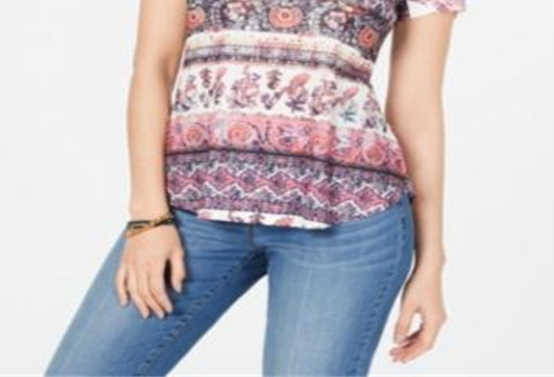 Camiseta feminina estampada manga curta estilo &amp; co rosa tamanho pequeno