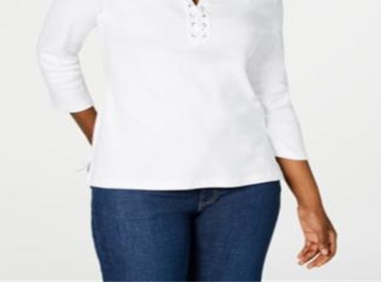 Camisa feminina Karen Scott de algodão com cadarço, branca, tamanho X-S