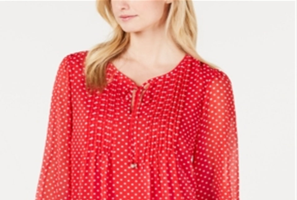 Tommy Hilfiger Feminino Manga Longa Bayview Dot Pintuck Top Vermelho Tamanho P