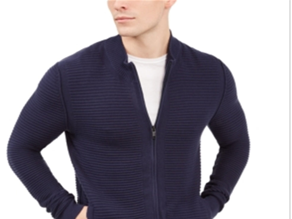 Cardigan Alfani Masculino Texturizado com Zíper Frontal Azul Tamanho Médio