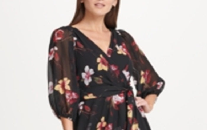 Vestido feminino DKNY com manga balão em chiffon MIDI, cinza, tamanho 6
