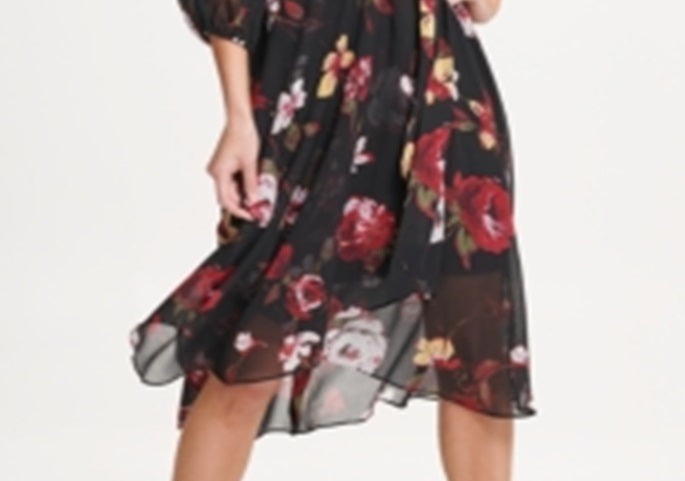 Vestido feminino DKNY com manga balão em chiffon MIDI, cinza, tamanho 6