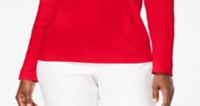 Karen Scott Blusa de algodão com decote redondo feminina, vermelha, tamanho grande