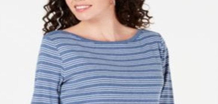 Blusa feminina Karen Scott de algodão listrada com bainha ventilada, azul, tamanho extragrande