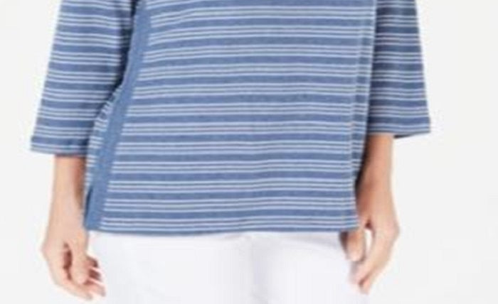 Blusa feminina Karen Scott de algodão listrada com bainha ventilada, azul, tamanho extragrande