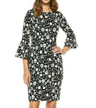 Vestido Calvin Klein Feminino Abaixo do Joelho Bodycon Preto e Branco Floral Manga Sino Tamanho 14