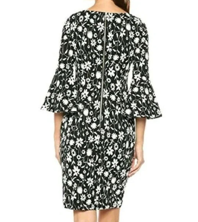 Vestido Calvin Klein Feminino Abaixo do Joelho Bodycon Preto e Branco Floral Manga Sino Tamanho 14