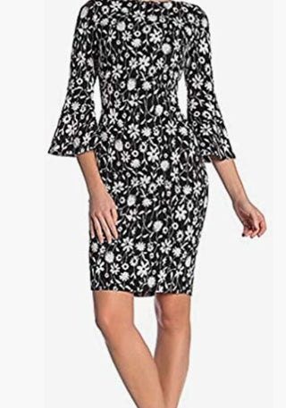 Vestido Calvin Klein Feminino Abaixo do Joelho Bodycon Preto e Branco Floral Manga Sino Tamanho 14